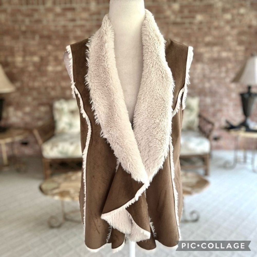 Brandon Thomas Vest Faux Fur Brown Cream Faux Suede M Shearling Chic Cozy